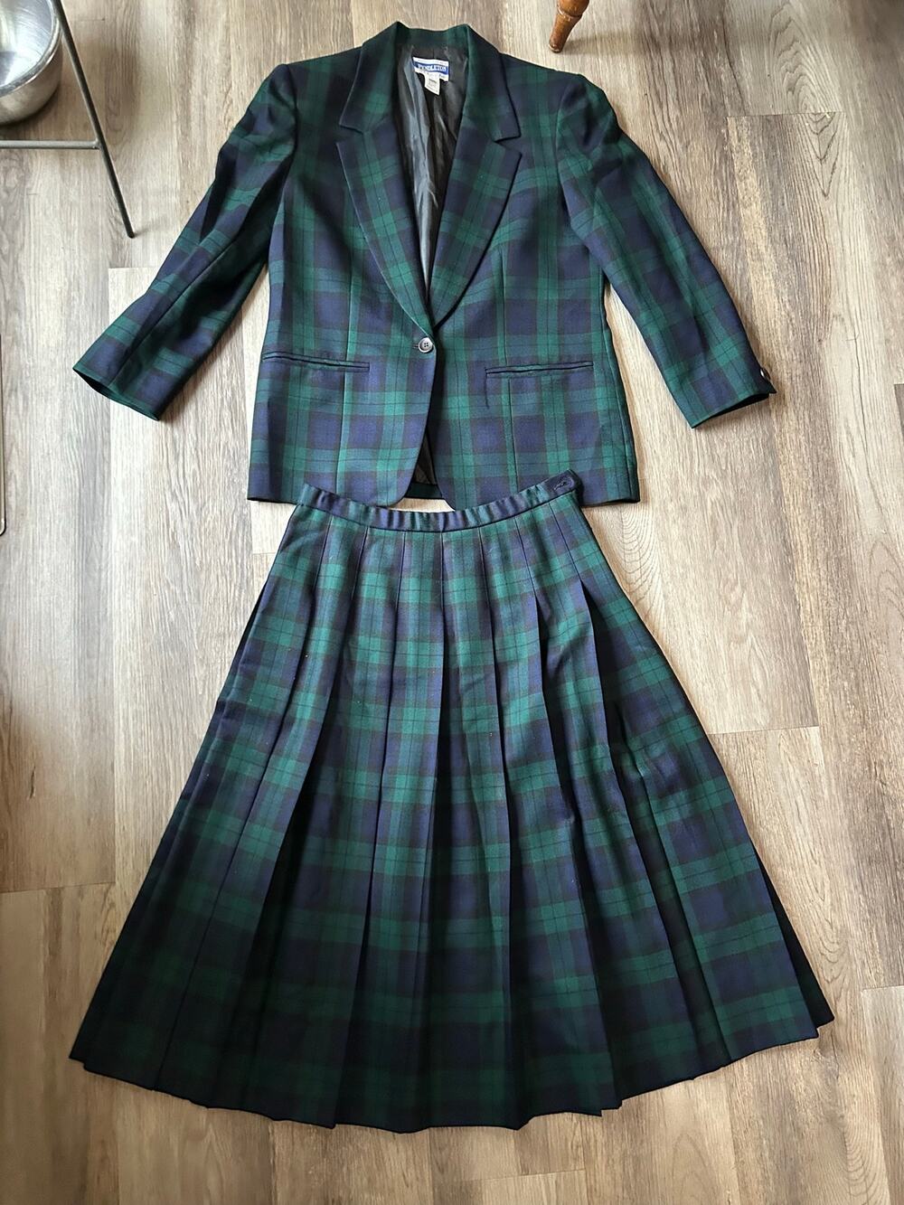 Vtg Pendleton Black Watch Tartan Wool Skirt SuitBlazer PleatedMidi Dark Academia